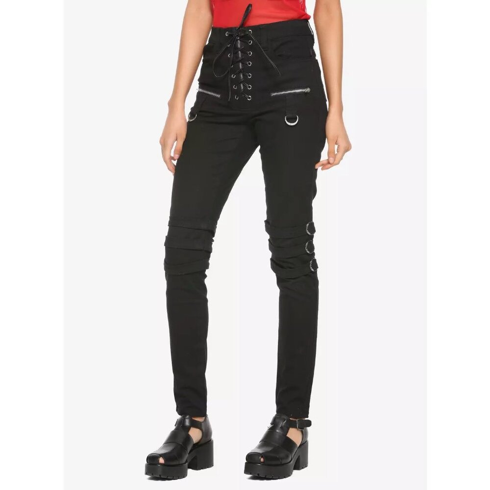 Royal Bones By Tripp Black Lace Up Jeans Pants w/ Straps Zippers Hot Topic 9